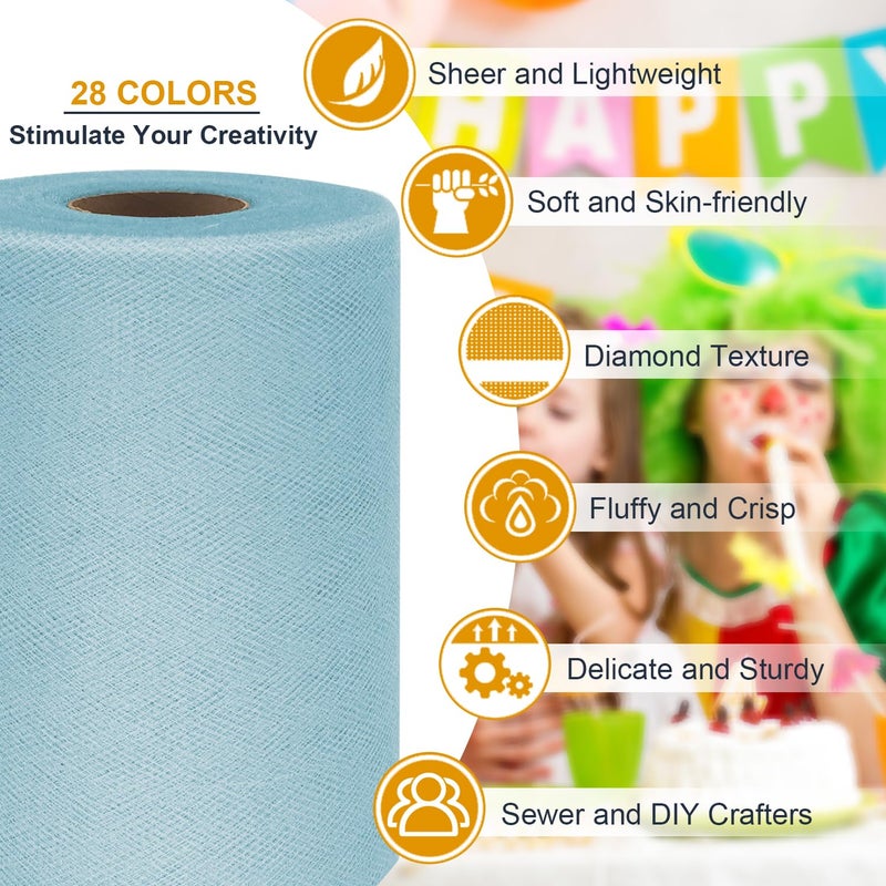 Ableme Deco Tulle Fabric Roll 6 Inch by 100 Yards (300 ft) Blue Tulle Ribbon Mesh Netting for DIY Tutu Skirt Gift Wrapping Wedding Baby Shower Birthday Halloween Party Decorations Crafts, 34 Colors (Baby Blue) - Image 3